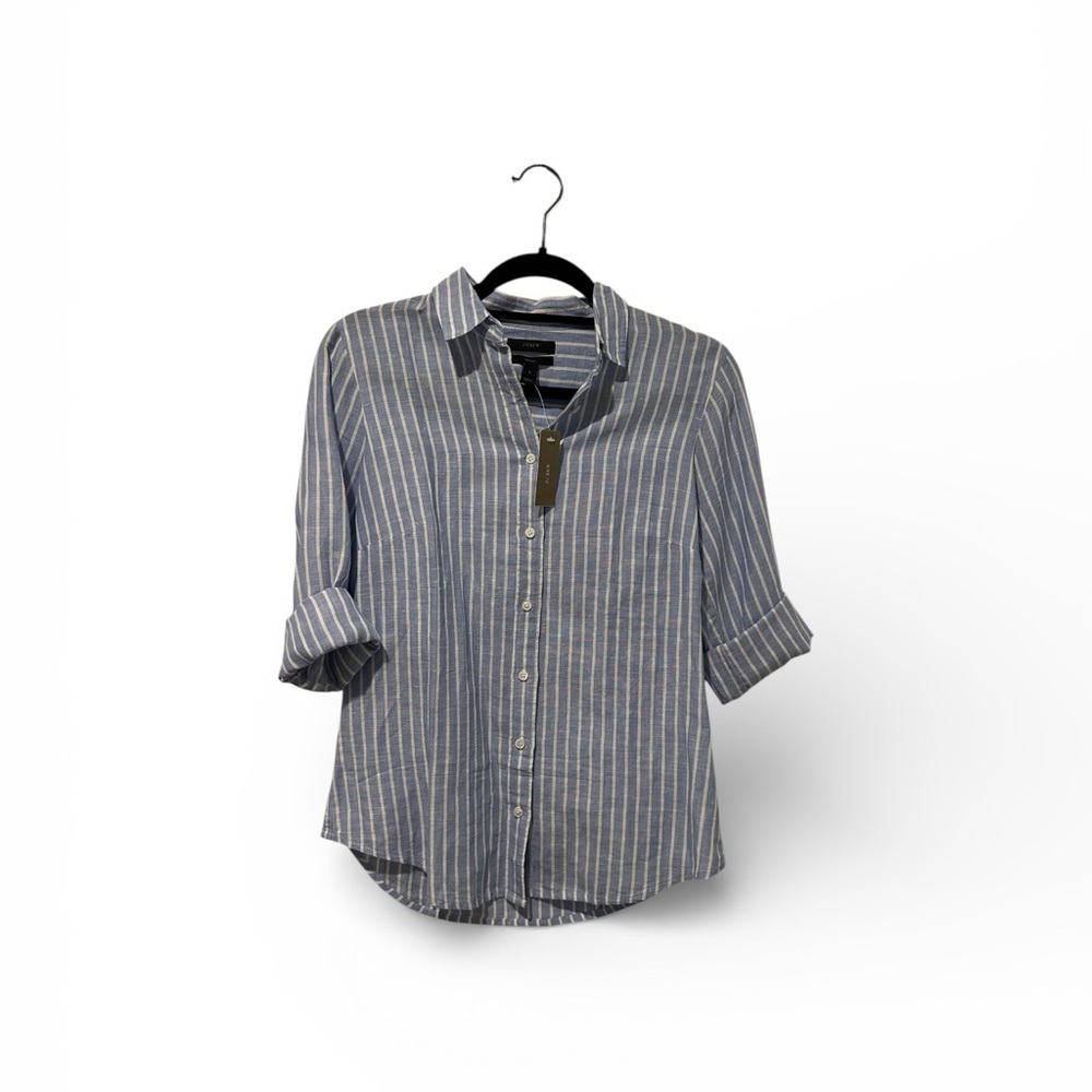 NWT J. Crew womens blue and White linen Striped button down Shirt  sz 2